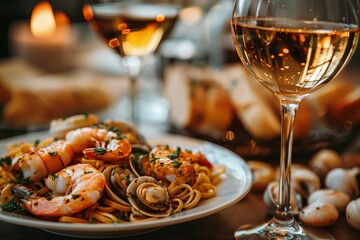 Closeup of Shrimp, Clam, and Pasta Dinner With Wine Glass