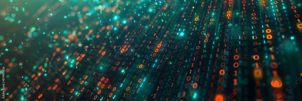 Poster a digital matrix with streaming lights and binary codes portrays data flow and technology advancemen