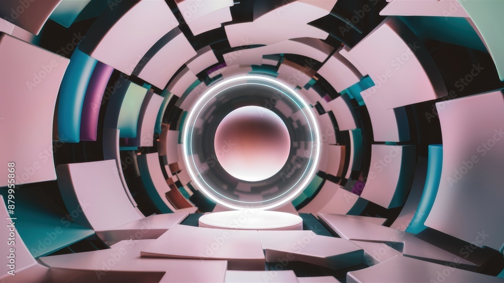 Poster a futuristic looking room with a large round object in the middle, ai