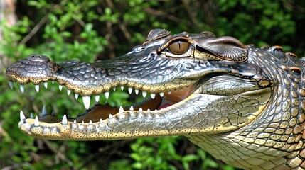Obraz premium A tight shot of an alligator's head with its mouth agape and teeth fully displayed, surrounded by trees