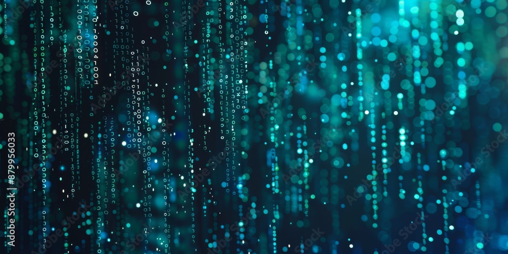 Poster a digital matrix with streaming lights and binary codes portrays data flow and technology advancemen