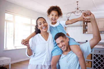 Obraz premium Portrait, parents and girl on shoulder in house for playful game, interaction and bonding for childhood fun with care or affection. Family, kid and happy in living room of home and love together.