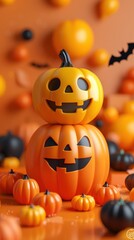 Festive Halloween scene with orange and black pumpkins and jack-o'-lanterns, perfect for seasonal decorations and spooky celebrations.