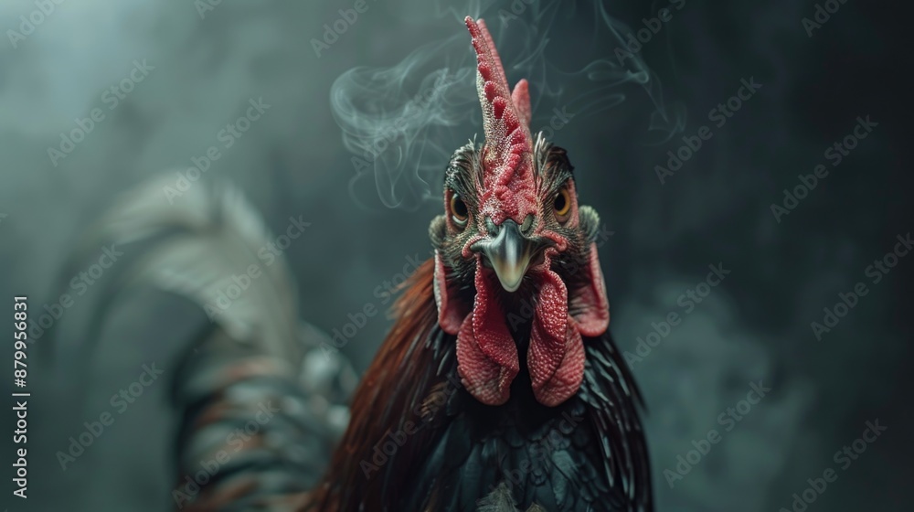Poster close-up image of a rooster with smoke emerging from its beak