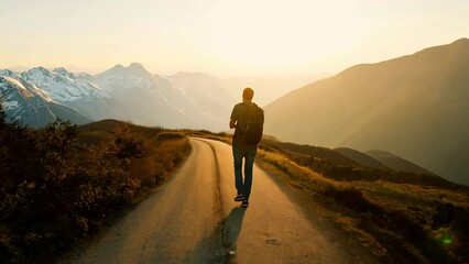 A man walks along a mountain road against the backdrop of sunset.
Concept: Travel loneliness,
