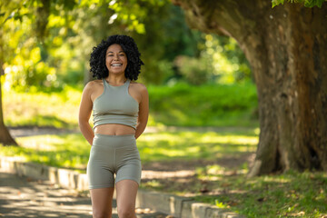 Cute woman in summer sportswear looking excited and happy