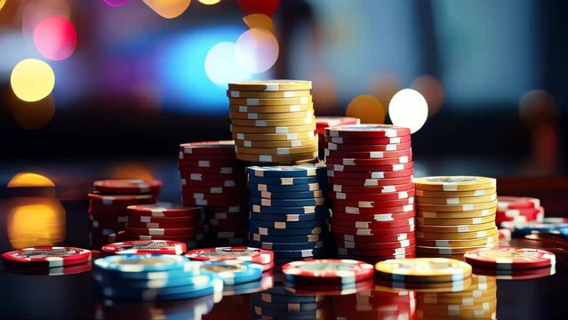 Stacks of casino chips for roulette and poker on the table, concept of gambling and casino entertainment