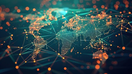 Fototapeta premium Global Digital Connectivity: World Map with Illuminated Network Lines and City Dots