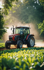Fototapeta premium A tractor for tilling the field stands on an agricultural field during the growing season to work the soil and care for the crops