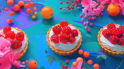 Fototapeta premium A table topped with three cakes, each covered in frosting and topped with raspberries, oranges, and pink flowers