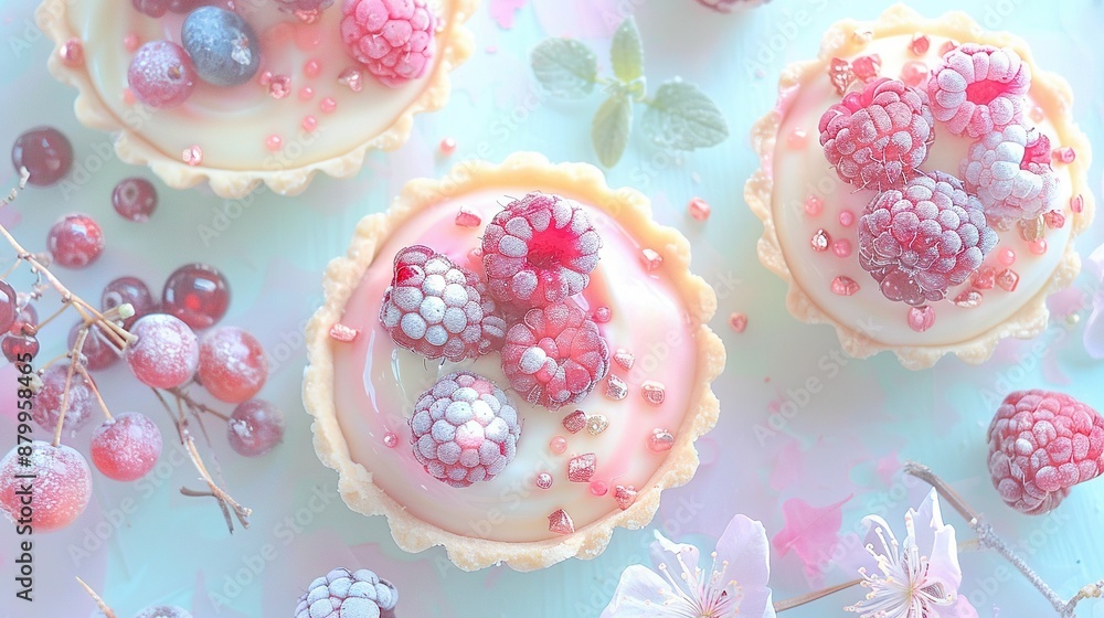 Poster three tarts, each topped with frosting and raspberries, are covered in a layer of frosting