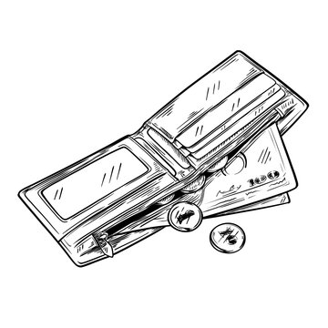 open wallet sketch with credit card and coins clip art preview