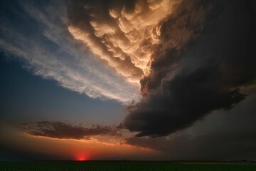 Dramatic view of a stormy sky with lightning striking over a green field in Nebraska Plains, USA