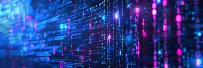 A digital matrix with streaming lights and binary codes portrays data flow and technology advancements