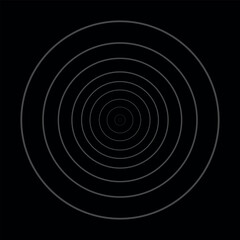 Concentric grey color circle elements with a black background. Circle spin target, Radio station signal, or Center minimal radial ripple line outline abstractionism.