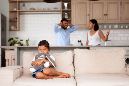Conflict, parent and problem in home with child, sofa or sad in living room for divorce. Anger, mother or father for separation and affair or cheating, toxic or argue and trauma for fighting together