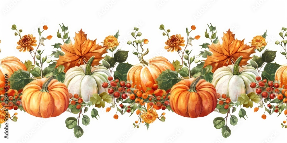 Sticker Line of pumpkins and flowers with white background