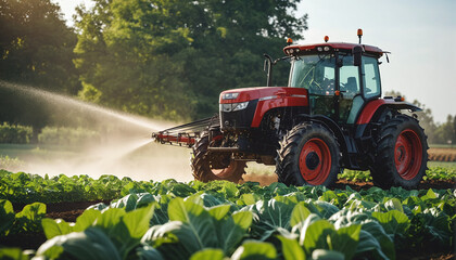 Fototapeta premium A tractor for tilling the field stands on an agricultural field during the growing season to work the soil and care for the crops