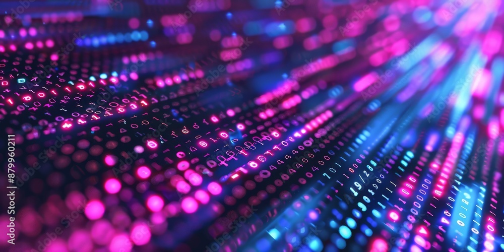 Poster a digital matrix with streaming lights and binary codes portrays data flow and technology advancemen