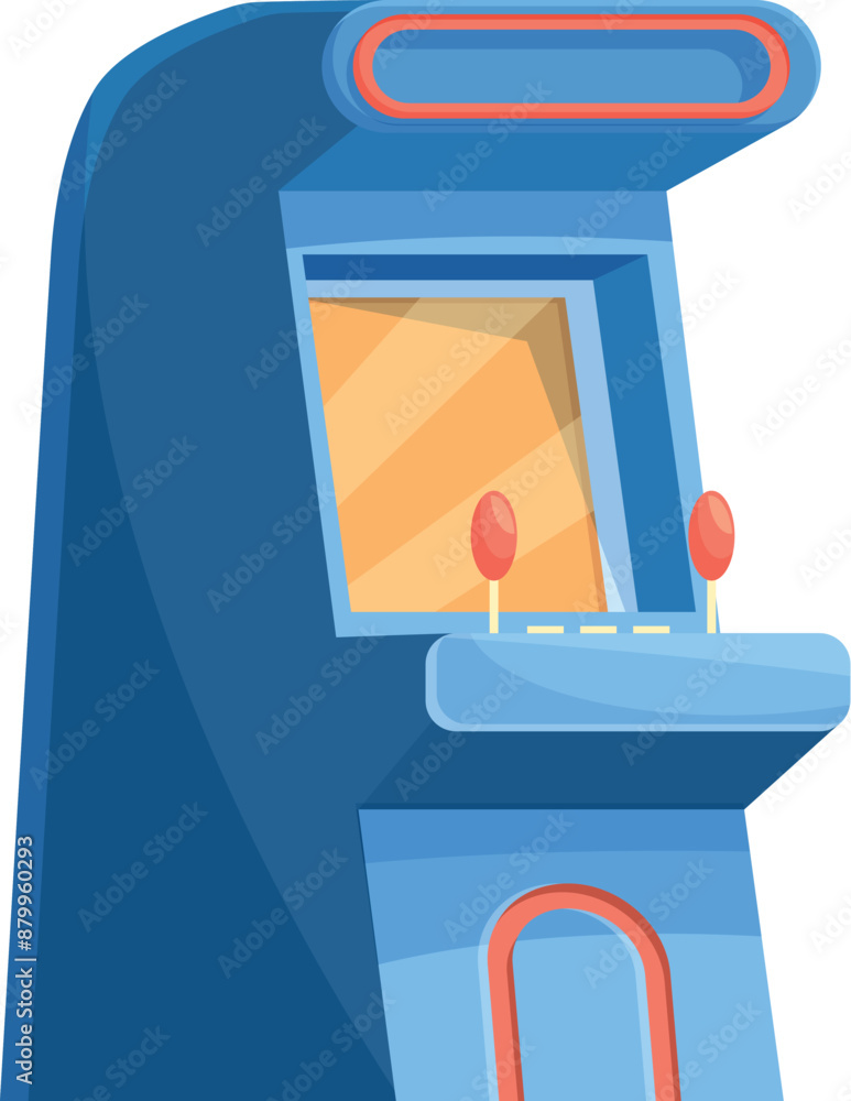 Poster blue arcade game machine with joysticks and screen standing on white background