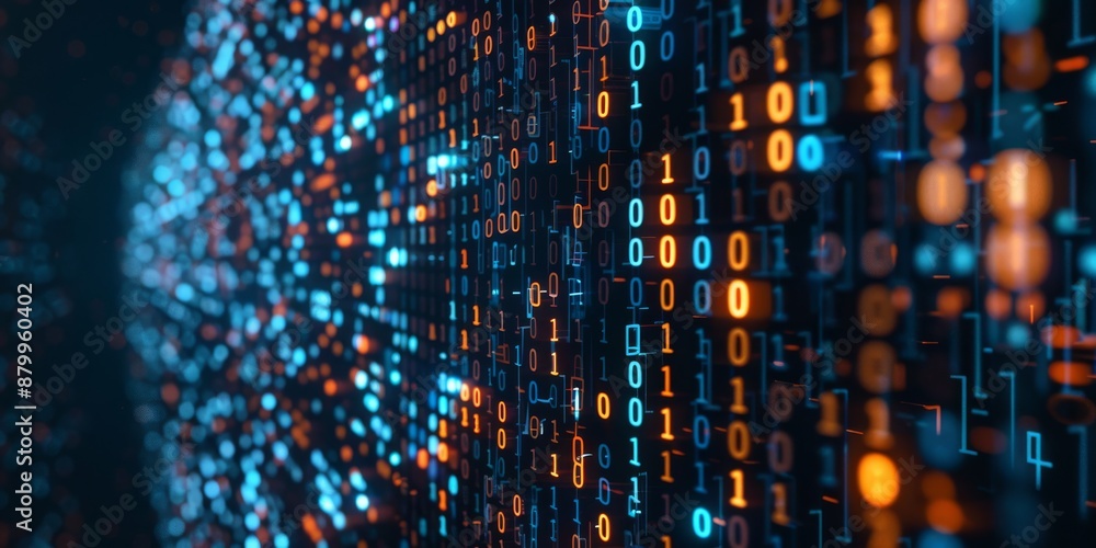 Poster a digital matrix with streaming lights and binary codes portrays data flow and technology advancemen