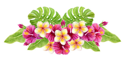 Tropical  flowers and greenery bouquet. Hand drawn watercolor painting with Hibiscus flowers and palm leaves isolated on white background. Design element. Aloha greeting. © Marisha