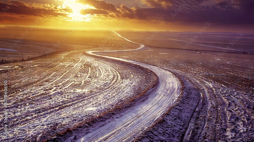 Poster an image of a road in a field surrounded by snow, with the sun setting behind it