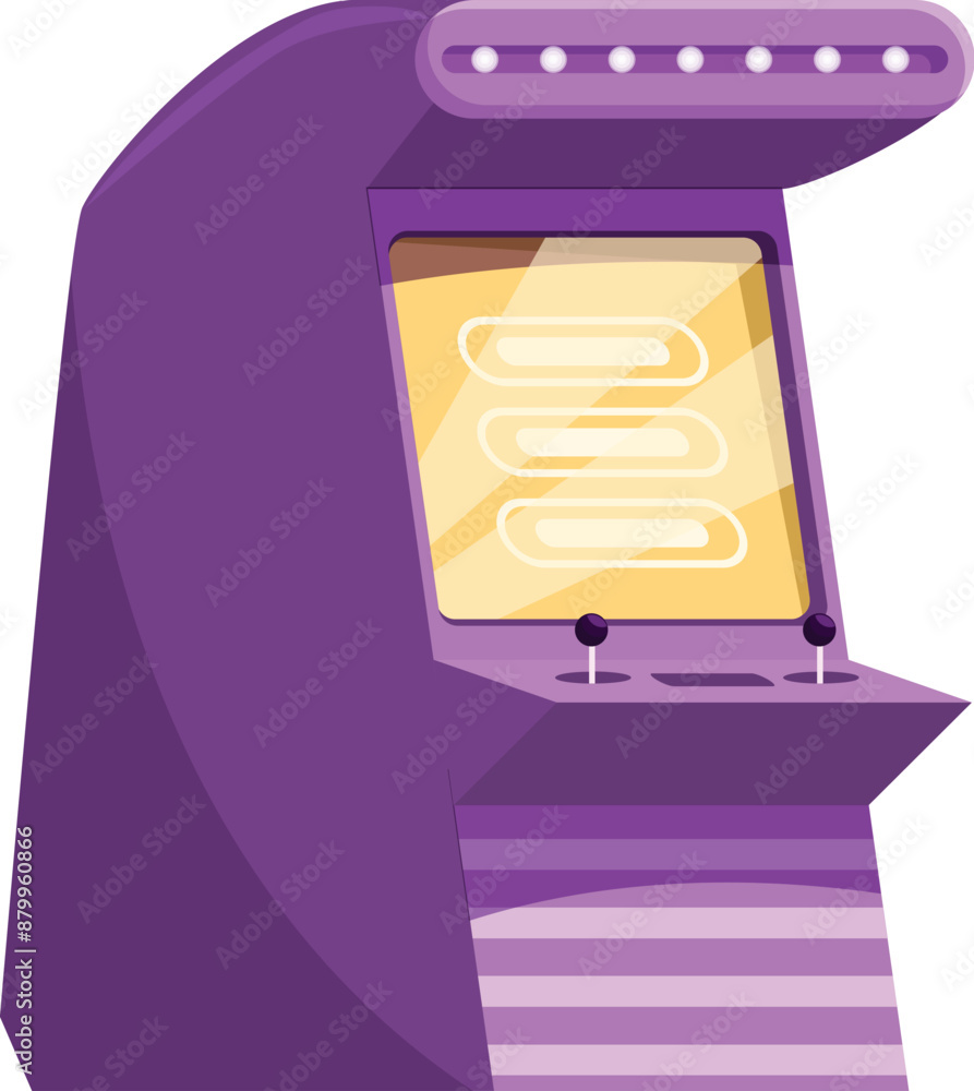 Poster illustration featuring a purple arcade game standing alone with a yellow screen displaying the menu