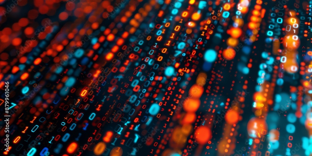 Poster a digital matrix with streaming lights and binary codes portrays data flow and technology advancemen