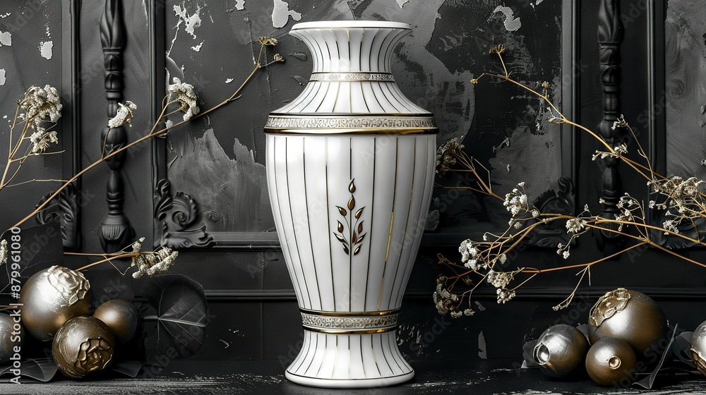 Poster a white vase perched atop a table, beside an array of gleaming silver orbs and a sprig of twigs