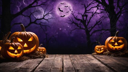 Halloween mockup background with purple and black sky, trees, and bats night scene, orange pumpkins, and rustic wood boards