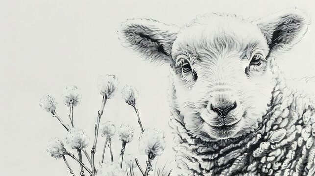  Sheep gazing at camera, Flower in fg, Plant in bkg
