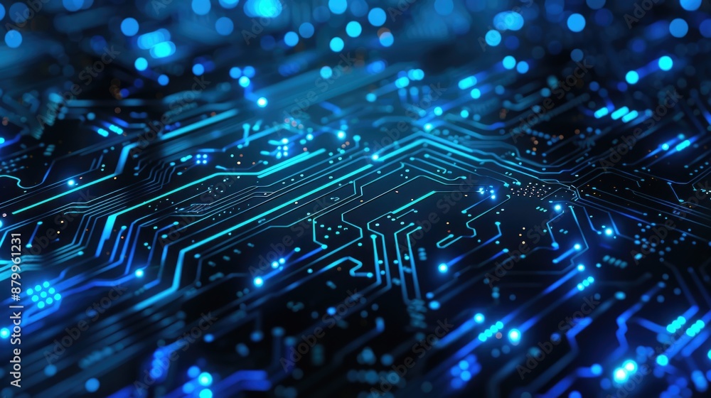 Poster a close-up shot of a circuit board with blue lights, suitable for technology and electronics-related