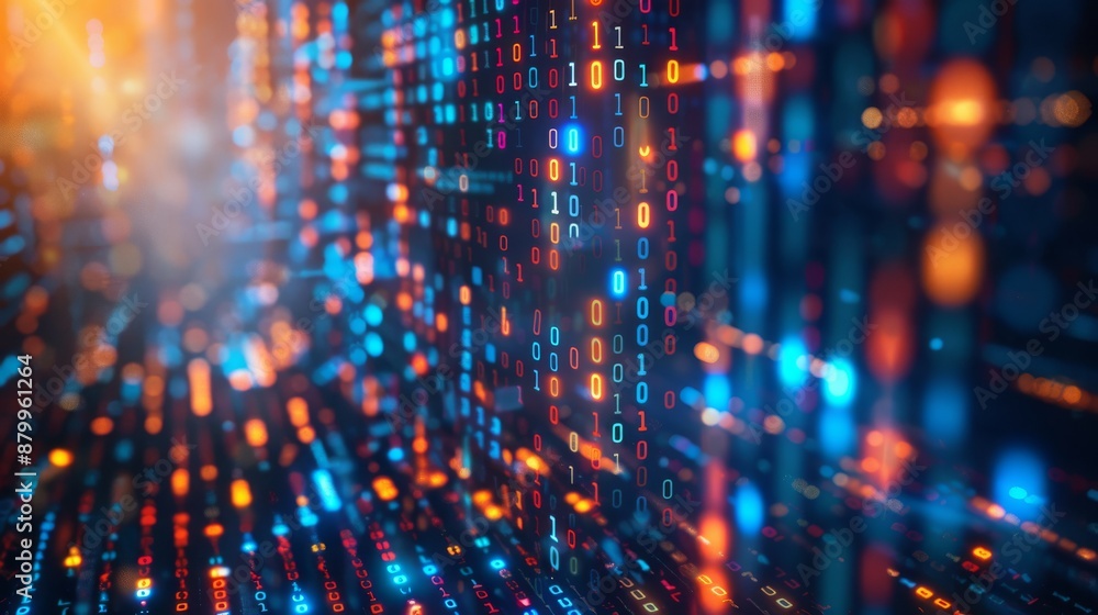 Poster a digital matrix with streaming lights and binary codes portrays data flow and technology advancemen