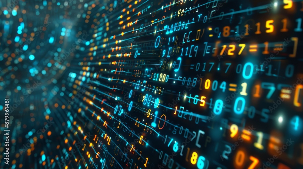 Poster a digital matrix with streaming lights and binary codes portrays data flow and technology advancemen