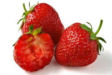 Fragrant ripe strawberry whole and bitten close-up isolated on a white background. Berry antioxidant