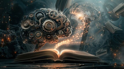 An abstract collage featuring a brain intertwined with gears and an illuminated book