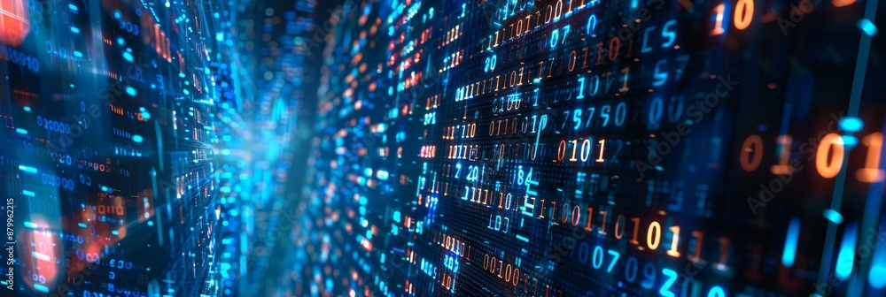 Poster a digital matrix with streaming lights and binary codes portrays data flow and technology advancemen