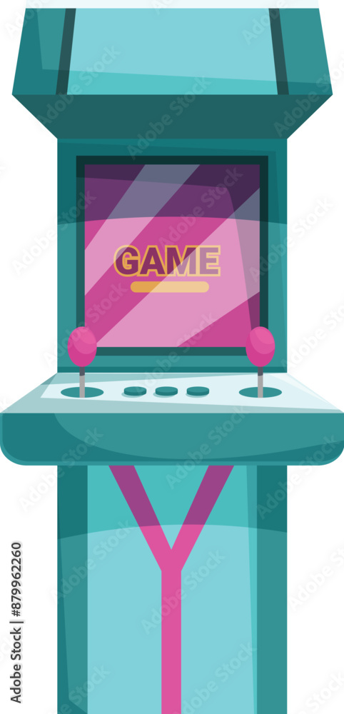 Poster retro arcade game machine with joysticks and buttons, displaying the text game on its screen