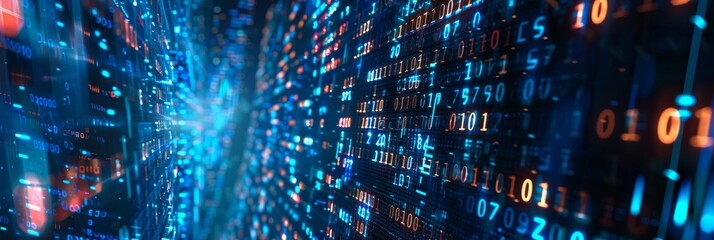 Fototapeta premium A digital matrix with streaming lights and binary codes portrays data flow and technology advancements