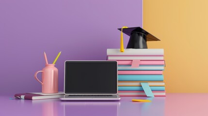 An elegant 3D render featuring a laptop, stacked books, and a graduation cap
