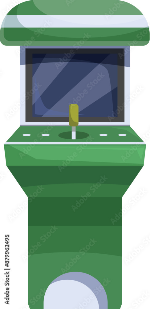 Poster green arcade game machine standing upright with a joystick and buttons, inviting players to engage i