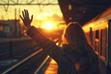 A woman waves goodbye on a sunset-lit platform, embracing a nostalgic farewell at the train station