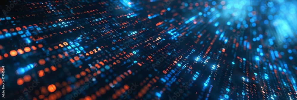 Poster a digital matrix with streaming lights and binary codes portrays data flow and technology advancemen