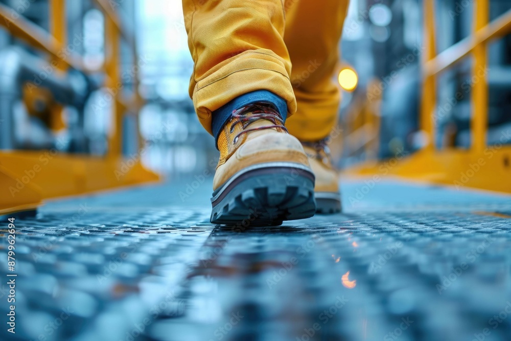 Poster the close up picture view of the engineer is working inside the factory and focus on the boots, the 