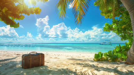 Tropical Beach with Suitcase Under Palm Tree on Sunny Day