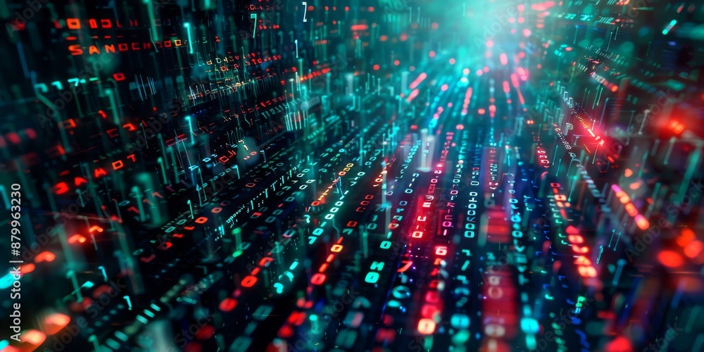 Poster a digital matrix with streaming lights and binary codes portrays data flow and technology advancemen