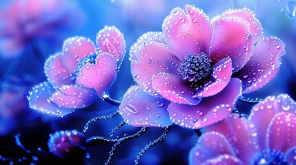   Close-up photo of pink flower with dewdrops on its petals and clear blue sky in the background