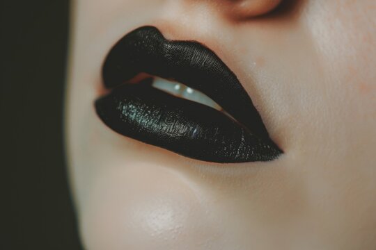 Close-up view of a woman's lips with black lipstick. Ideal for makeup tutorials and edgy fashion editorials. Beautiful simple AI generated image in 4K, unique.