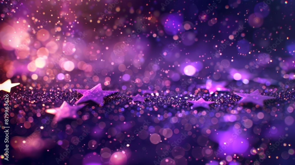 Poster glittering purple background with a mix of stars and bokeh lights creating a dreamy and magical effe